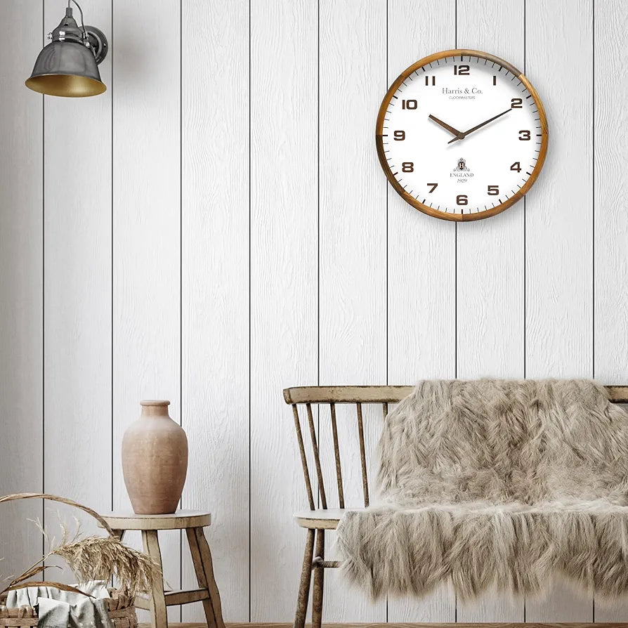 Harris & Co. Clockmasters Wooden Analog Wall Clock With Leather Dial and Wooden Hands14 Inch Silent Sweep Noiseless Technology Model - Brick Lane