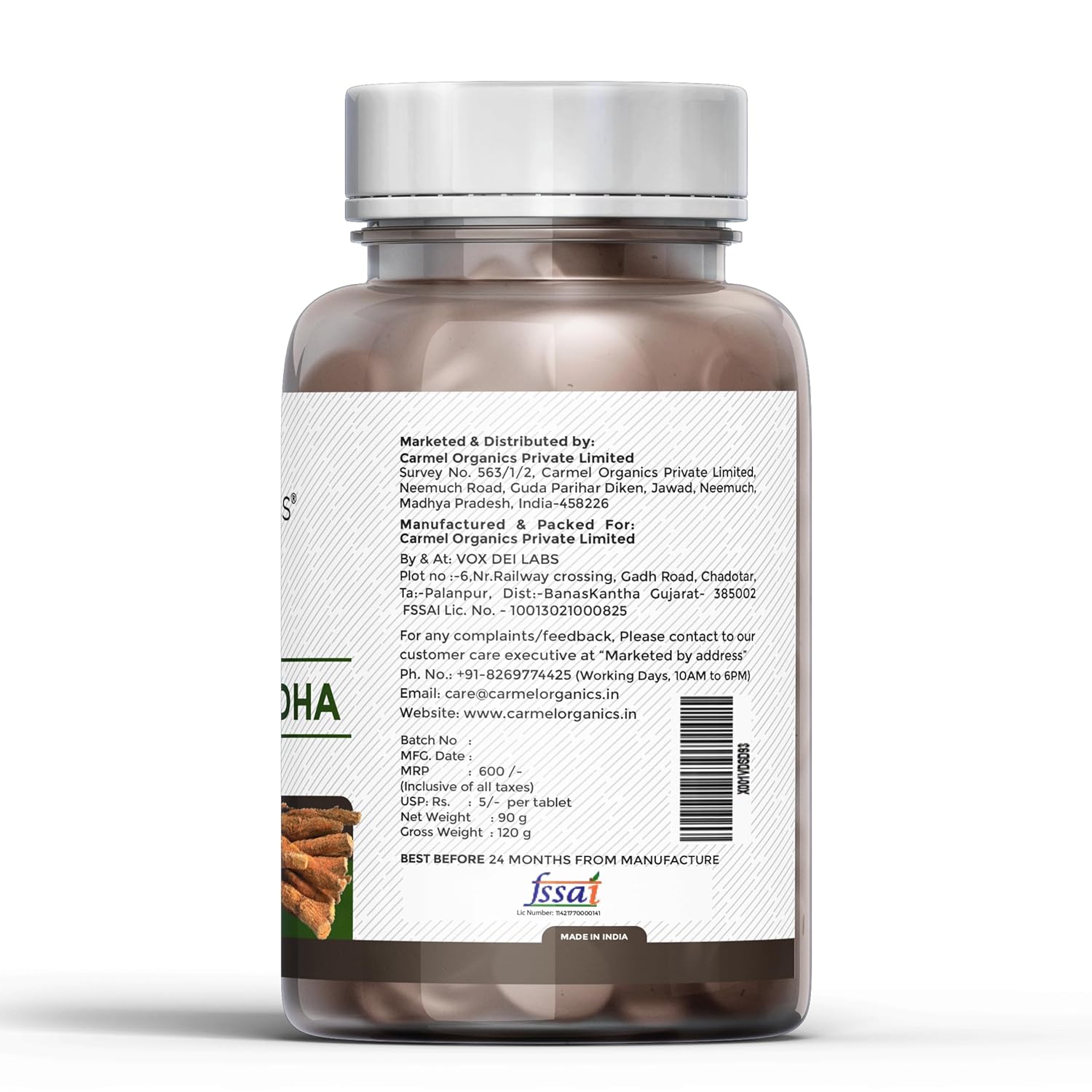 Carmel Organics Ashwagandha Extract Tablets - 120 Tabs
