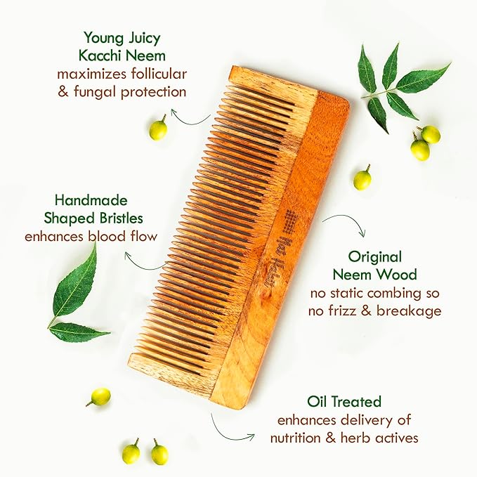 Nat Habit Kacchi Neem Comb Fine Tooth Styling & Wide Tooth Shampoo Combo, Soaked in 17 Herbs | Large Size