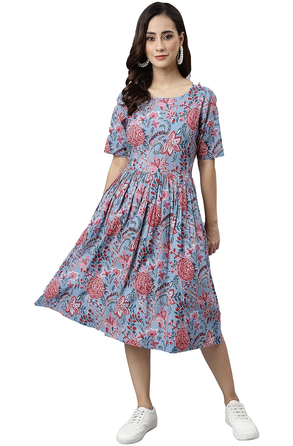 Janasya Women's Sky Blue Cotton Floral Print Flared Western Dress