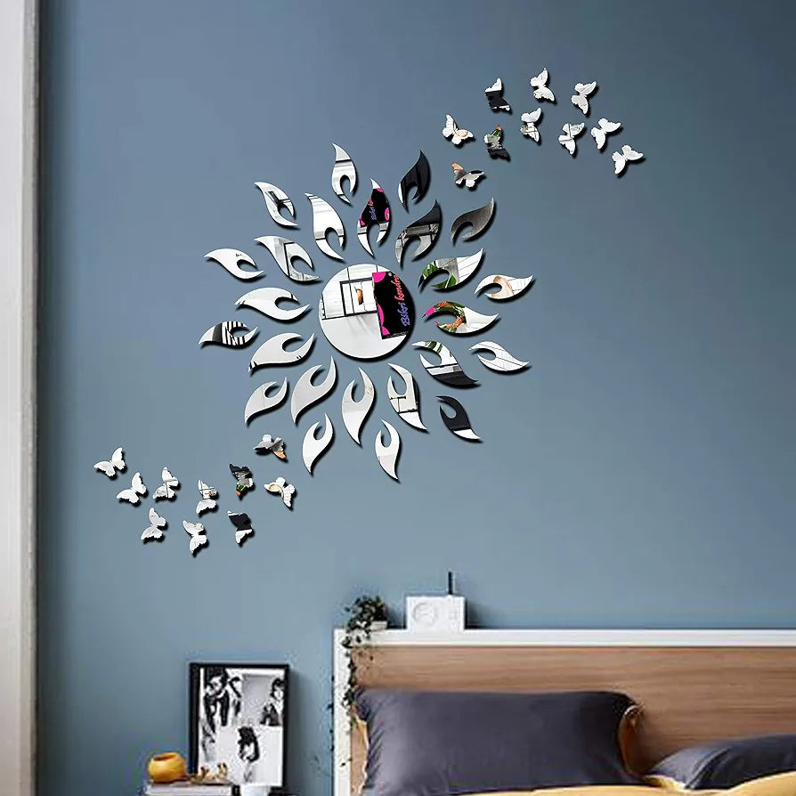 Bikri Kendra ARTBK67 Sun Silver with Butterfly Silver 20 Decorative Mirror Stickers for Wall Wall Mirror Stickers 3D