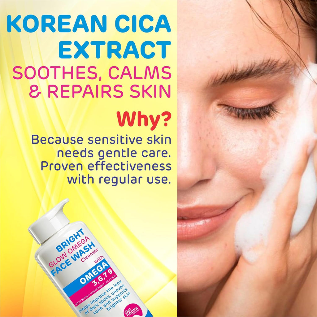 Get Nectar Happiness Bright Glow Omega Korean Glow Essence Face Wash Cleanser | Dark Spot, Pigmentation, Whitening & Brightening, Even Skin Tone & Gentle Daily Cleanser for Radiant, Glowing Skin â€“ 200 ml