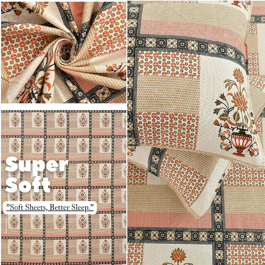 HomeKart Ultra Super Soft Pure Cotton Double Bedsheet with Two Pillow Covers for Your Bedroom Floral & Block Printed Premium Bedsheet Orange & Beige