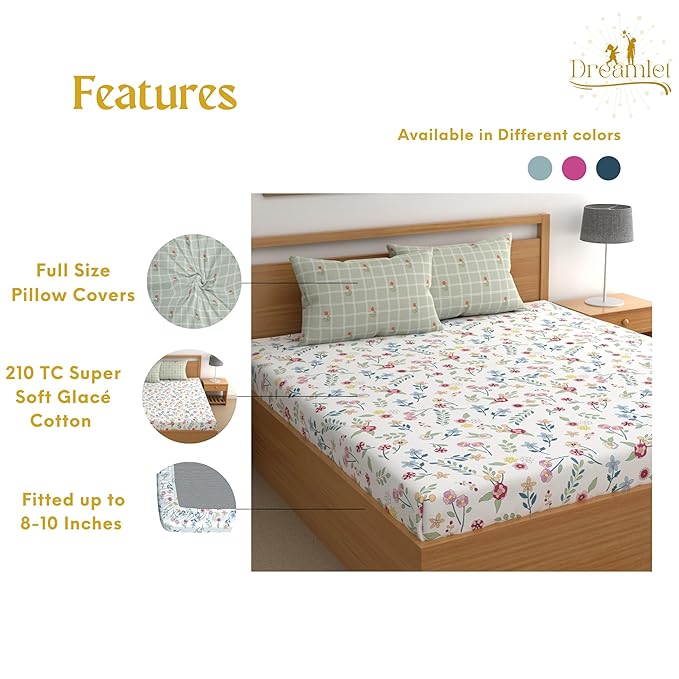 Dreamlet All Around Elastic Supersoft 210tc Premium Cotton Elastic Fitted Bedsheets With 2 King Size Pillow Covers | Multicolor
