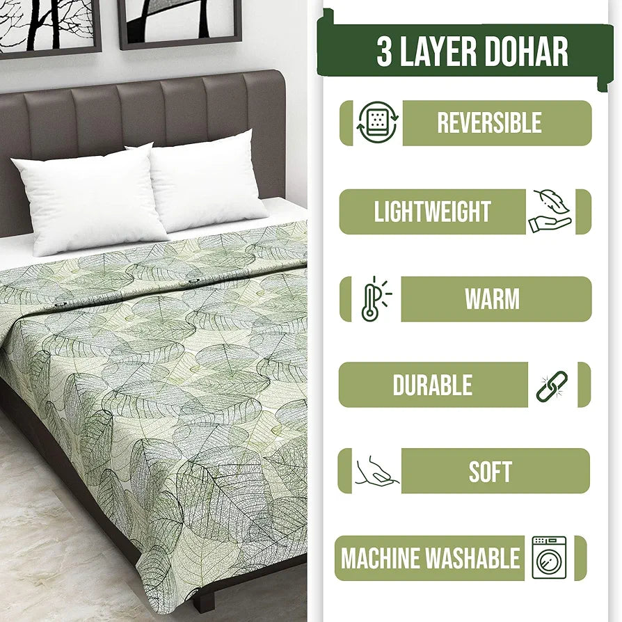Divine Casa 120 GSM Glace Cotton Double Dohar Lightweight AC Blanket Colour Forest Green & Lime