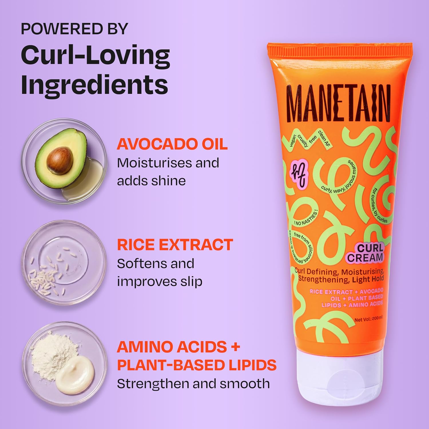 MANETAIN Curl Cream 200ml for Curly & Wavy Hair | Frizz Control, Soft Hold & Moisturizing Styling Cream | Enhances Natural Curls, Reduces Frizz | Sulfate-Free, Paraben-Free, Vegan Hair Care