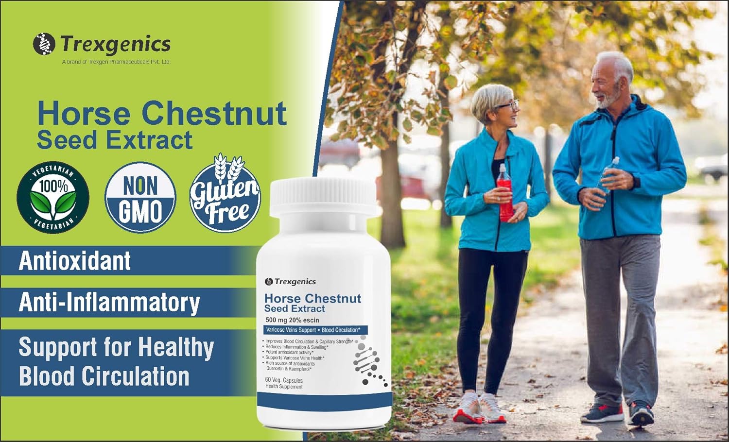 Trexgenics HORSE CHESTNUT 500mg (20% aescin) Standardized Leg Veins & Blood Circulation support (60 Veg capsules)