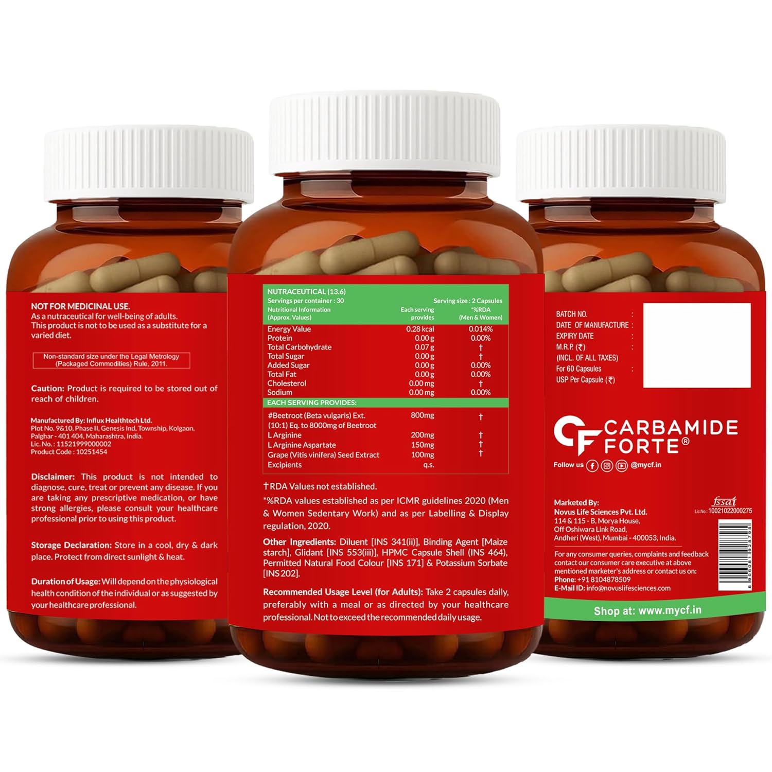 Carbamide Forte Beetroot Capsules Extract 8000mg | Beetroot Supplement With L-Arginine & Grape Seed Extract | Supports Healthy Blood Flow, Energy, & Nitric Oxide | 60 Capsules
