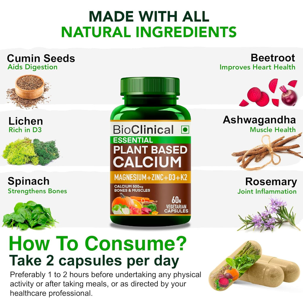 BioClinical 500mg Plant Calcium Magnesium Zinc Vitamin D3 + K2 for Joint Support & Bone Health -100% Plant Based Supplement -Made with Natural Ayurvedic Herbs & Plant Extracts - 60 Veg Capsules