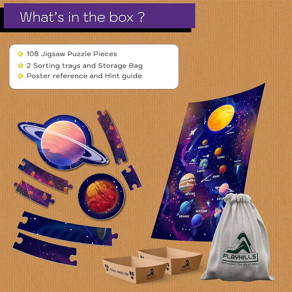 palyhills Amazing Outer Space Solar System 108 Pieces Jigsaw Floor Puzzle with Planet-Shaped-Pieces Mega Jigsaw Floor Puzzle 45 x 30 CM for Kids Age 6+ Years