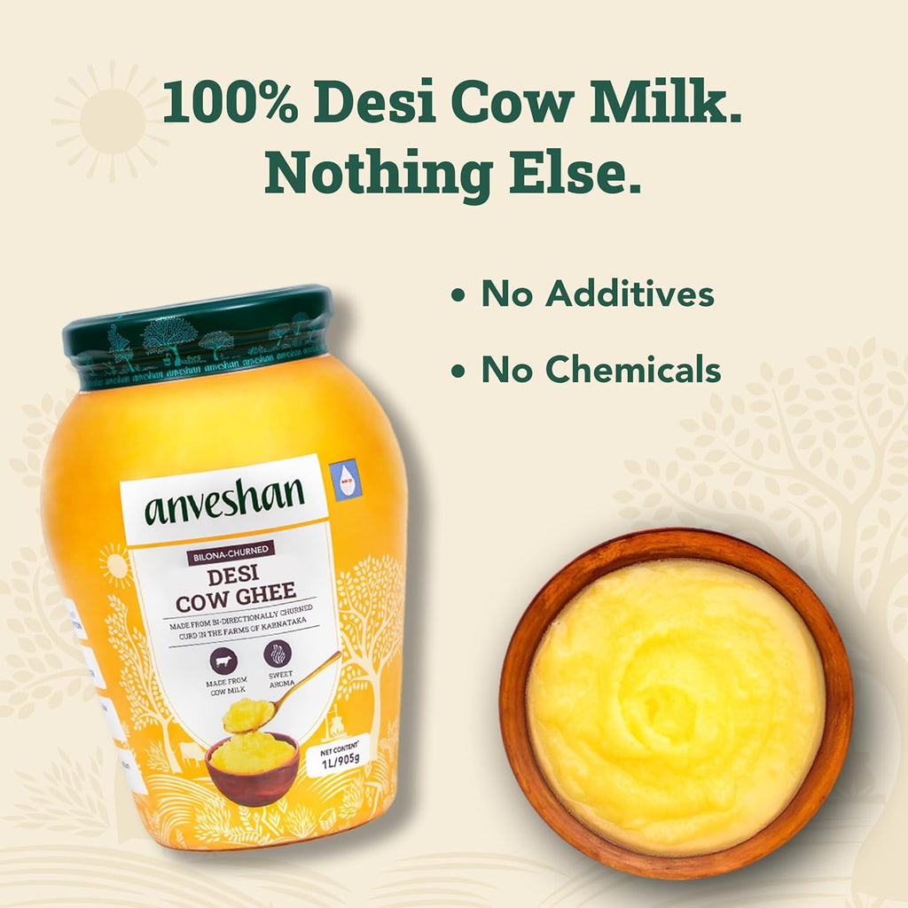 Anveshan A2 Cow Ghee 1 Litre | Traditionally Bilona-Churned, Danedar Ghee | Aromatic| NABL Lab Tested (70+ tests), Cruelty-Free | Grass-Fed | Glass Jar