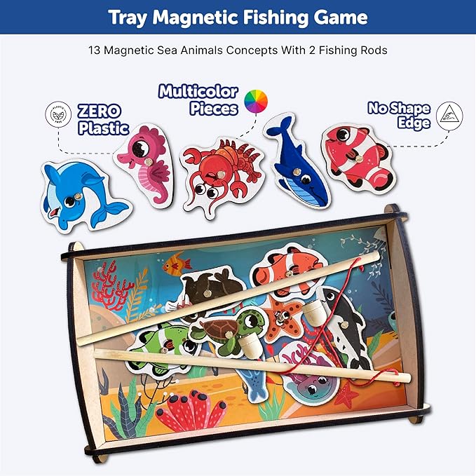 Mini Leaves Wooden Small Tray Magnetic Fishing Game for Kids | Fishing Toy Educational Toys | 13 Pieces