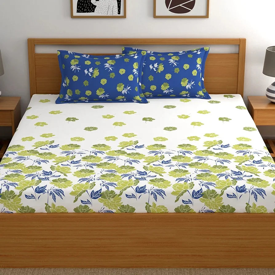 Dreamscape Cotton King Fitted Bedsheet with 2 Pillow Covers, 140 tc Cotton Floral Blue Bedsheet for King Fitted Bed Chilly Spell