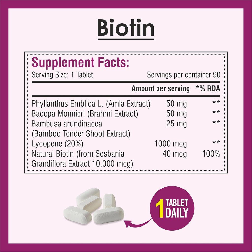 Biotrex Nutraceuticals Biotin Supplement For Hair, Skin & Nails, Enriched With Amla, Brahmi, Lycopene & Bamboo Extract - 90 Tablets