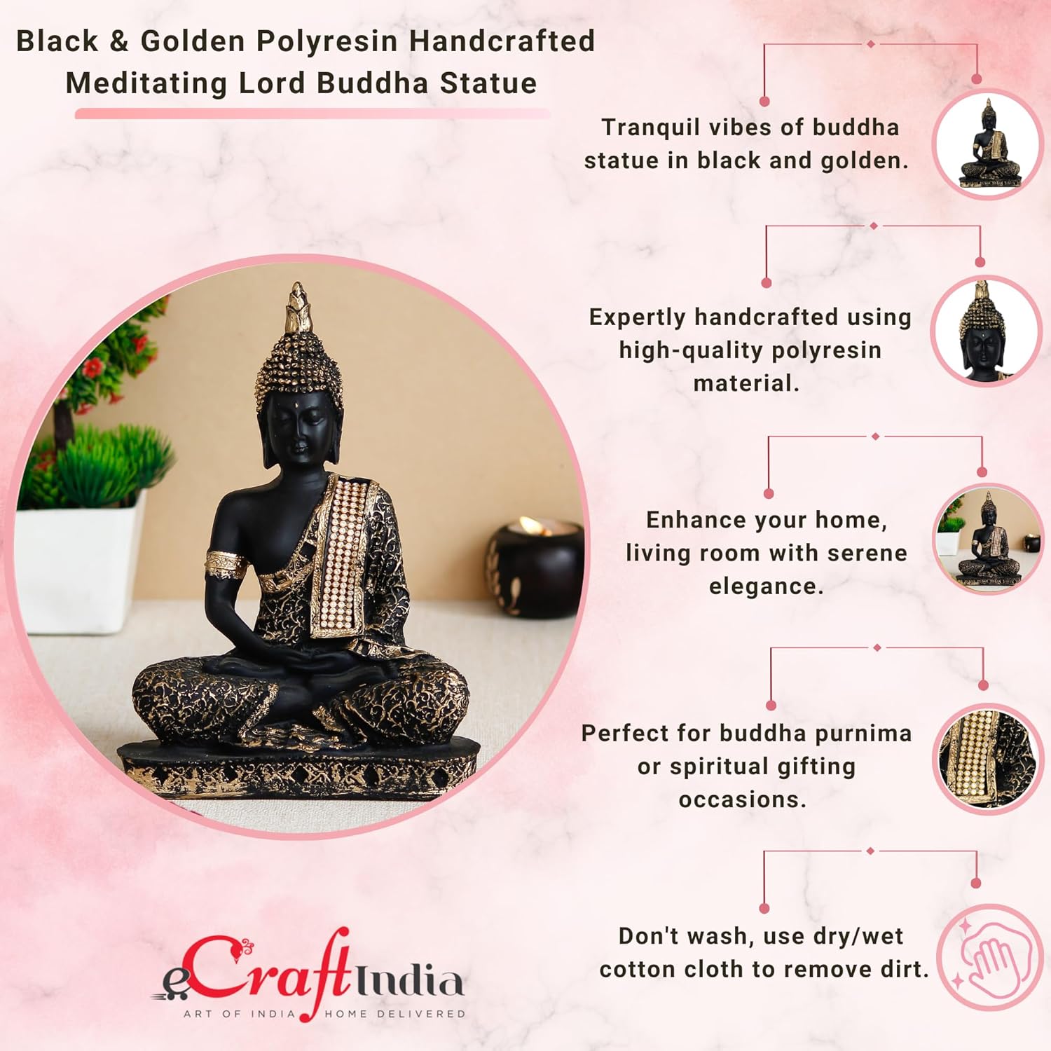 Ecraftindia Black Golden Resin Handcrafted Meditating Lord Buddha Idol for Home Decor