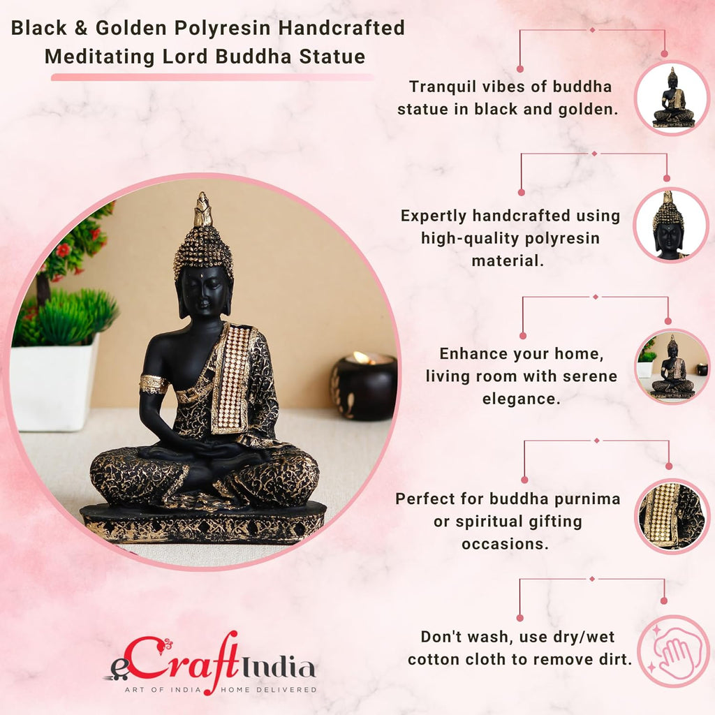 Ecraftindia Golden Black Resin Handcrafted Meditating Lord Buddha Idol for Home Decor