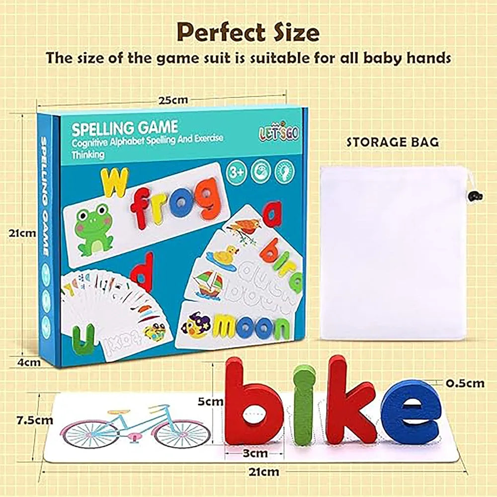 Wishkey Wooden Spelling Game for Kids, Early Education Word Making Game with Flash Cards and Alphabets, Non-Toxic, Educational Toy