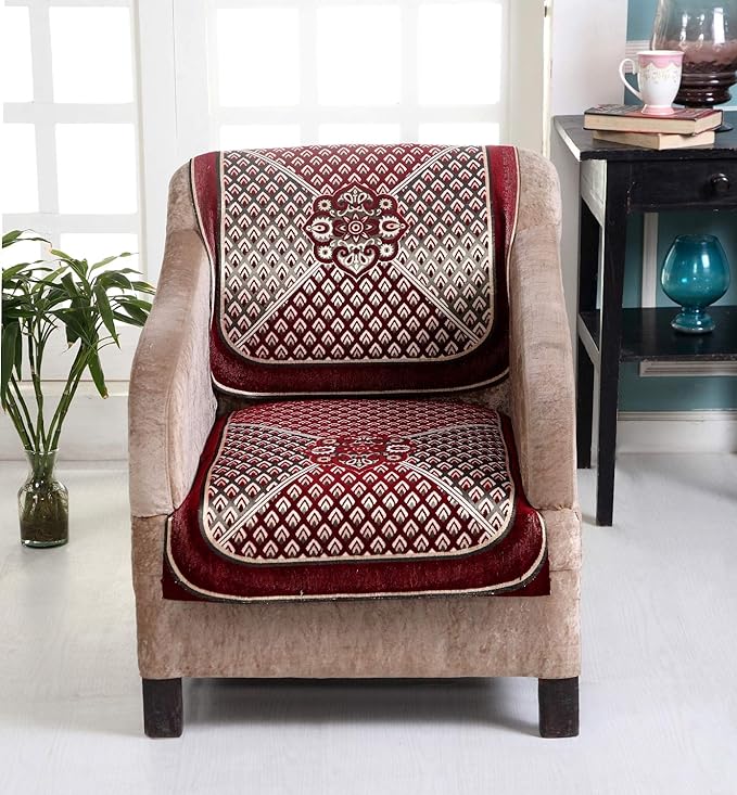 Nendle Chenille Velvet Fabric 5 Seater Sofa Cover (Maroon, Set of 6 Pieces)