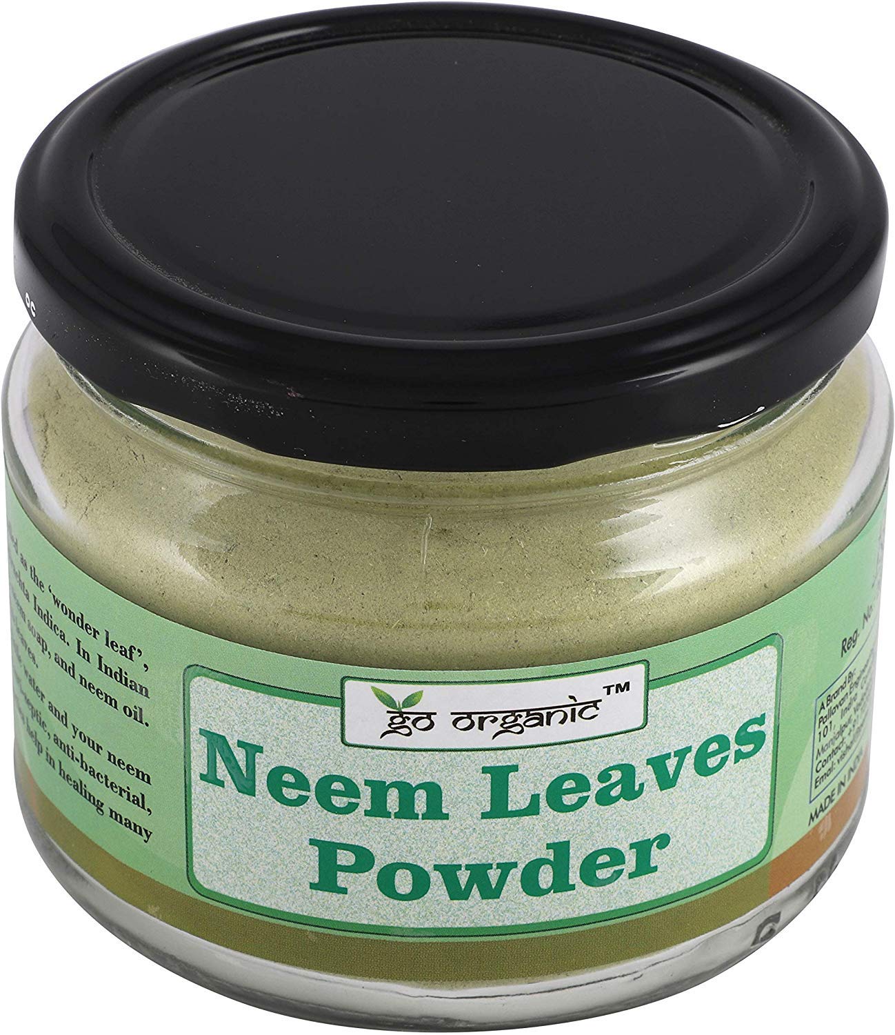 Go Organic Neem leaves powder for face, hair and body bath, food grade, 150 gm - Glass Storage