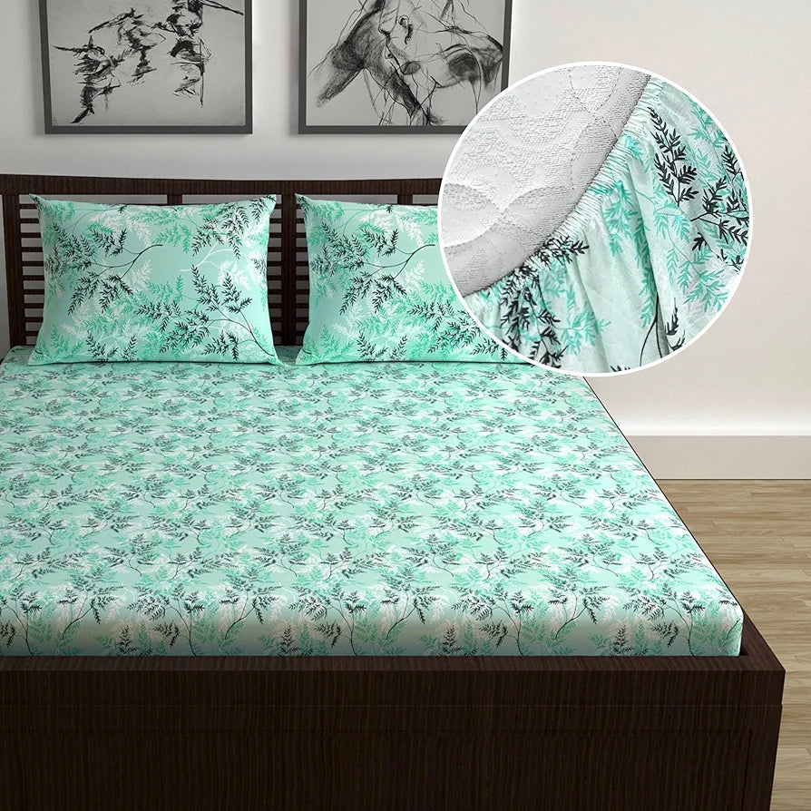 Divine Casa 144 TC 100% Cotton Floral Print Elastic Fitted Bedsheets Double Bed Ultrasoft Queen Size Elastic Fitted Bedsheets Colour Yucca