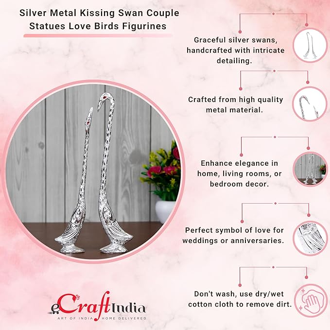Ecraftindia Silver Metal Handcrafted Kissing Swan Couple Statues Love Birds Figurines Decorative Showpieces
