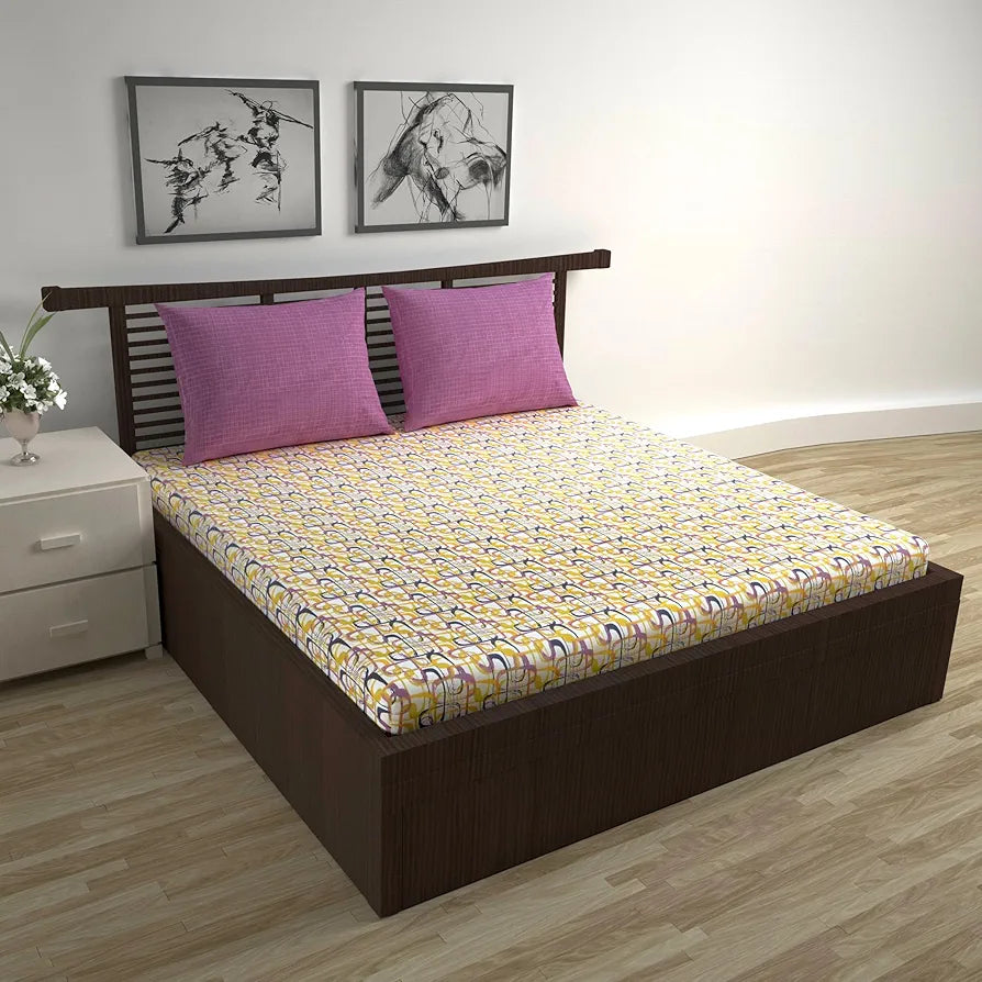 Divine Casa 144 TC 100% Pure Cotton Queen Size Double Bed Bedsheet with 2 Pillow Covers Wavy Pattern Colour Charcoal Yellow