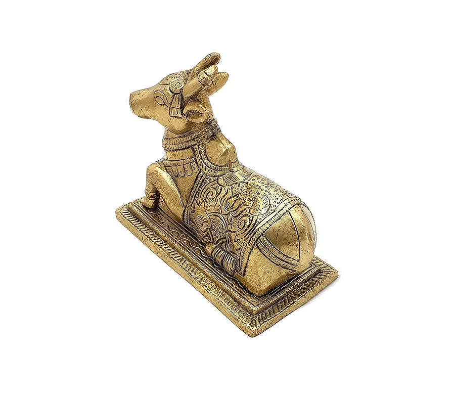 Two Moustaches Lotus Engraved 5 Inches Brass Nandi Cow Over Base