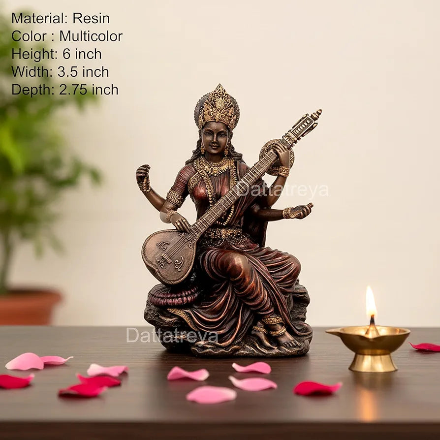 Dattatreya Polyresin Bonded Bronze Maa Saraswati Idol Statue Murti for Puja - 6 Inch