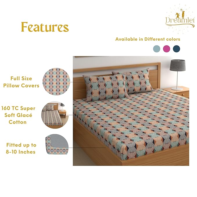 Dreamlet Bedsheet for Double Bed | 180tc Glace Cotton Bedsheet With 2 Pillow Covers | Orange