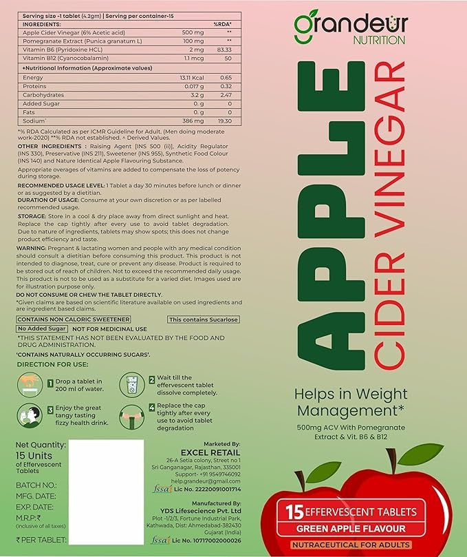 Grandeur The Plant Based Apple Cider Vinegar Tablets Green Apple