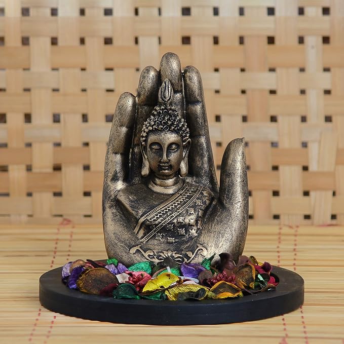 Ecraftindia Copper Finish Handcrafted Palm Buddha Decorative Showpiece With Wooden Base | Fragranced Petals and Tealight