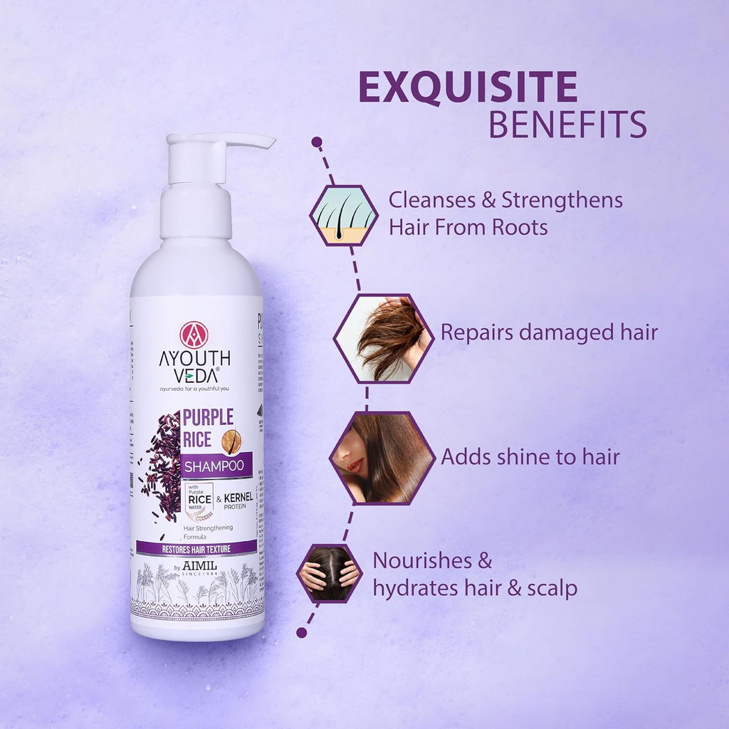 Ayouthveda Purple Rice Water & Kernel Protein Shampoo | With the Goodness of Betel Leaves & Guava Leaves | For Damage & Frizzy Hair | Helps To Restore Hair Texture (Pack of 1; 200ml)