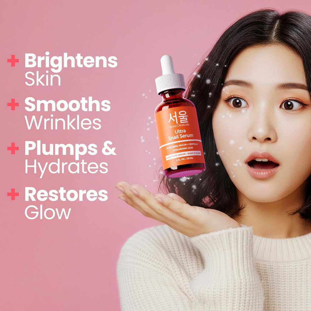 SeoulCeuticals Korean Snail Mucin Serum â€“ 97.5% Snail Serum with Hyaluronic Acid & Centella â€“ Anti Wrinkle & Anti Aging Serum for Face â€“ K Beauty Night Skincare - 30ml