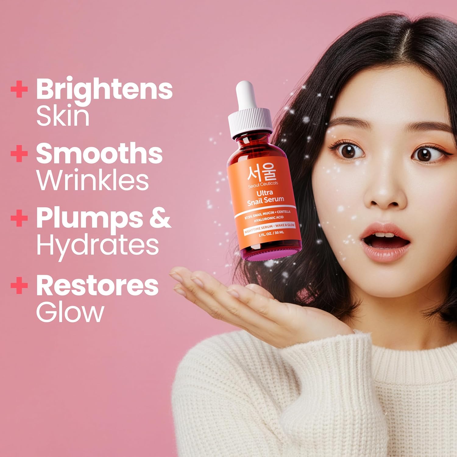 SeoulCeuticals Korean Snail Mucin Serum â€“ 97.5% Snail Serum with Hyaluronic Acid & Centella â€“ Anti Wrinkle & Anti Aging Serum for Face â€“ K Beauty Night Skincare - 30ml