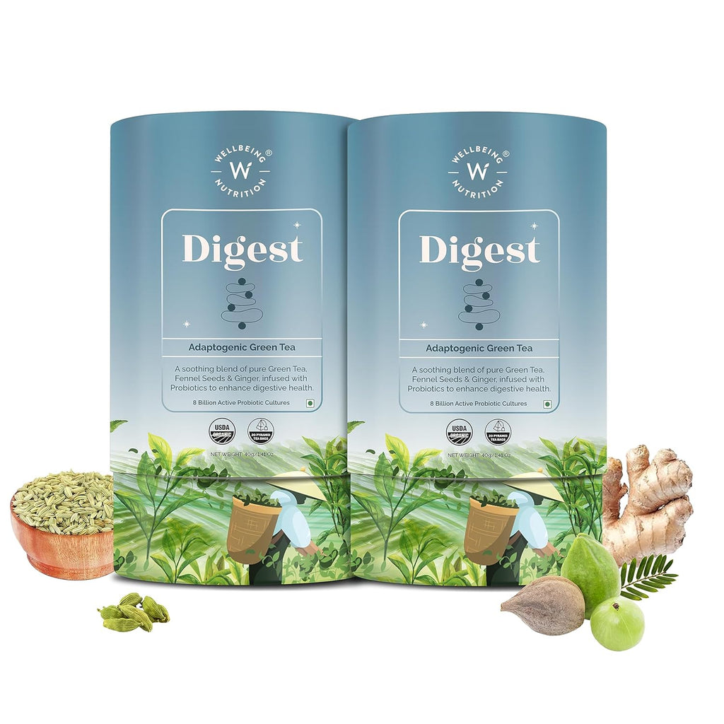 Wellbeing Nutrition Digest Green Tea | Digestive Tea with Probiotics, Digestive Enzymes, 8 Billion CFU & Fennel Seeds for better Digestion, Bloating, Gas and Acidity relief (40 Pyramid Tea Bags)