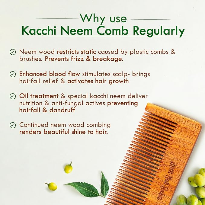 Nat Habit Kacchi Neem Comb Fine Tooth Styling & Wide Tooth Shampoo Combo, Soaked in 17 Herbs | Large Size
