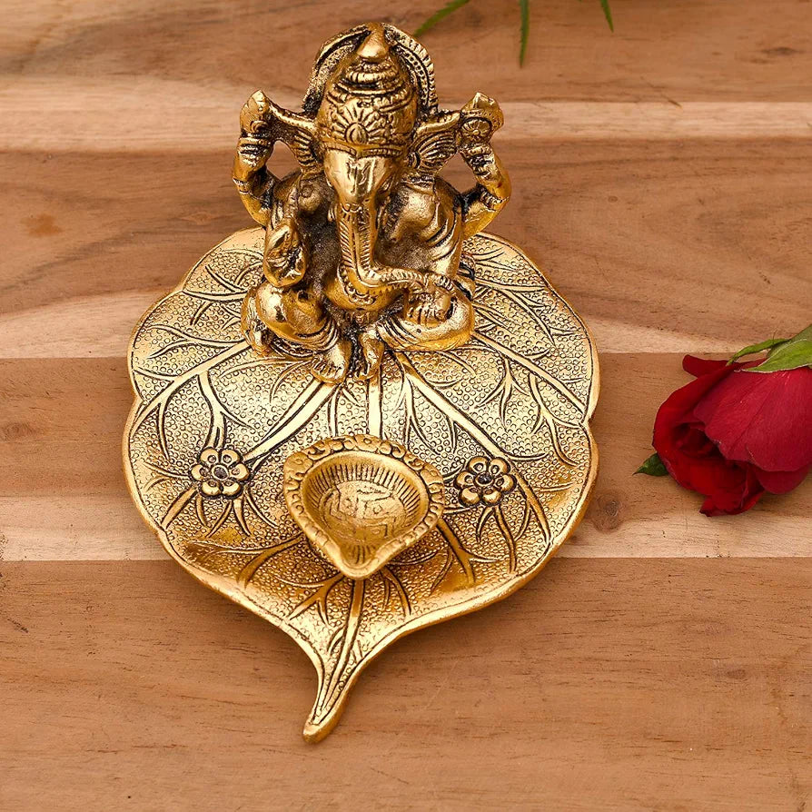 Collectible India Aluminium Ganesh with Diya Idol Medium Gold