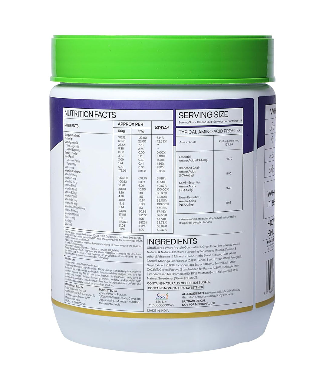 OZiva Protein & Herbs for Men (Banana Caramel) I Muscle Building, Stamina & Recovery | Clean Protein, Shatavari, Green Tea I No Added Sugar, 1lbs (453gm)