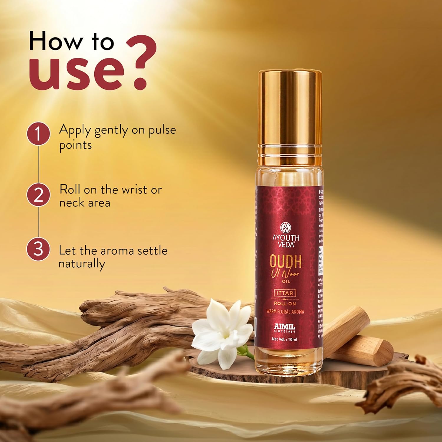 Ayouthveda Oudh Ul Noor Ittar | Premium Non-Alcoholic Long Lasting Roll-On Perfume | Unisex Oud Fragrance | Amber, Jasmine & Rose | Pocket-Friendly & Travel Friendly | 10 ml