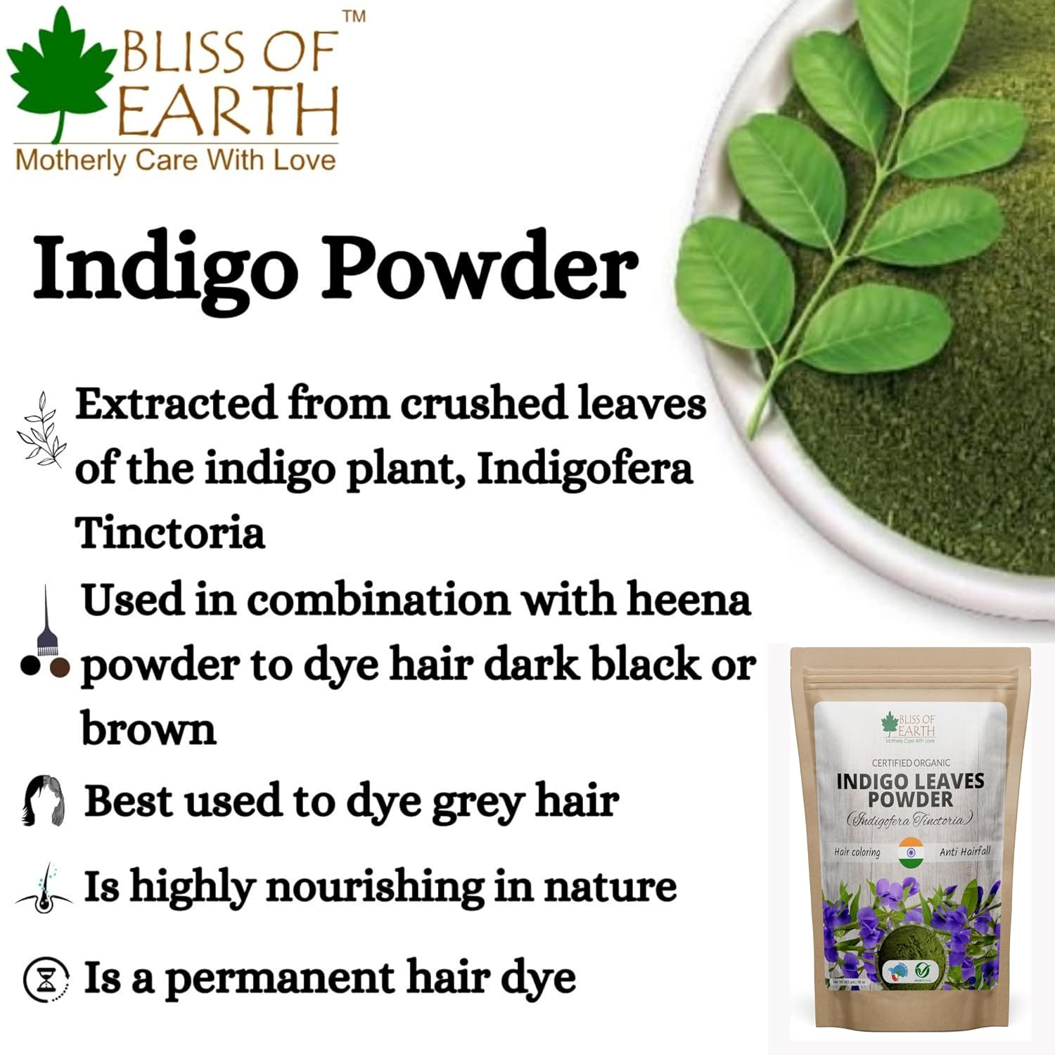 Bliss of Earth Indigo Powder 453GM Organic Natural For Hair Black Organic Hair Dye