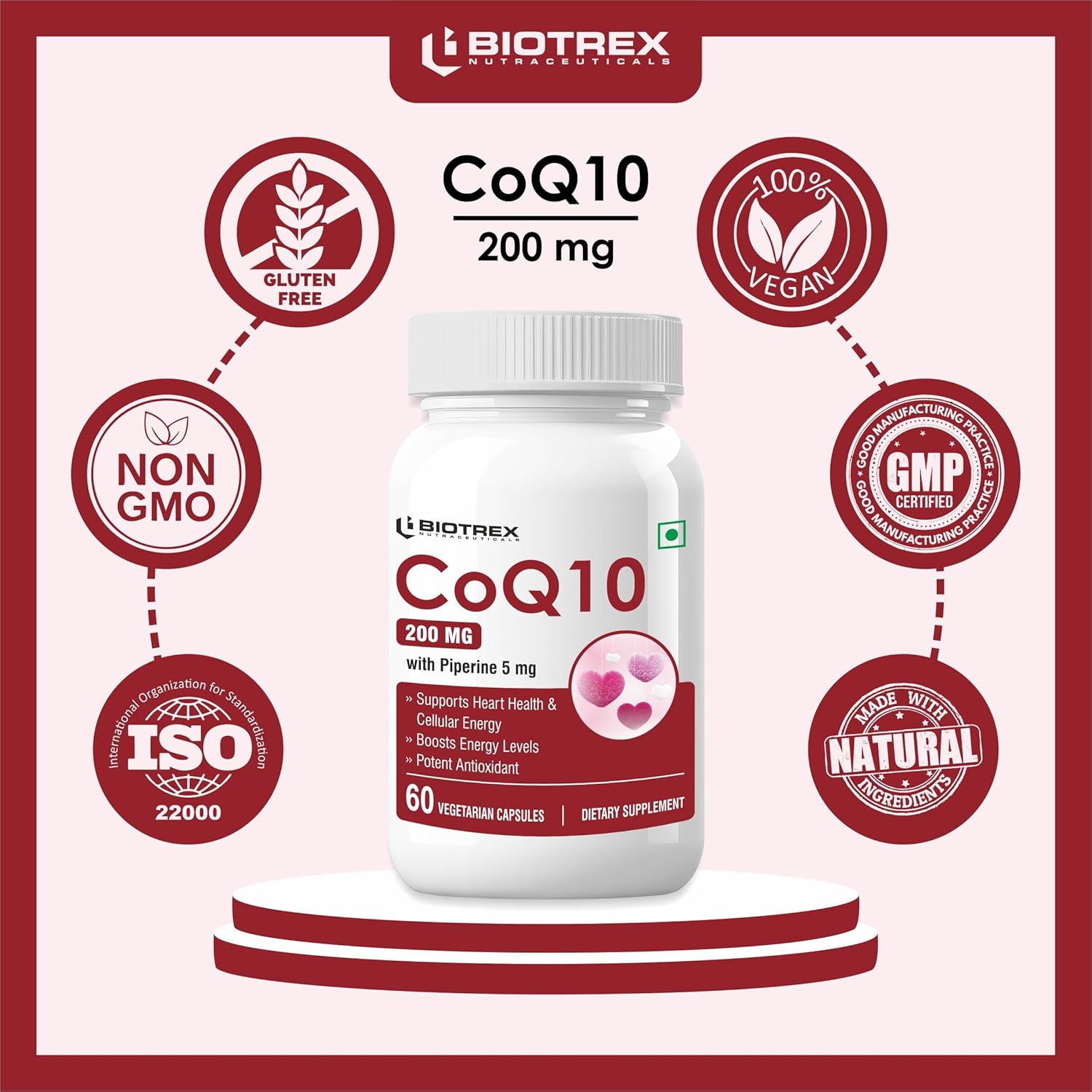 Biotrex Nutraceuticals High Bioavailabilty Coq10 200mg With 95% Purity Piperine 5mg (Coenzyme Q10) - 60 Vegetarian Capsules