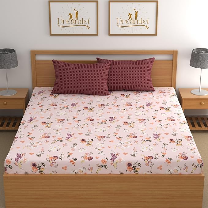 Dreamlet All Around Elastic Supersoft 210tc Premium Cotton Elastic Fitted Bedsheets With 2 King Size Pillow Covers | Pink