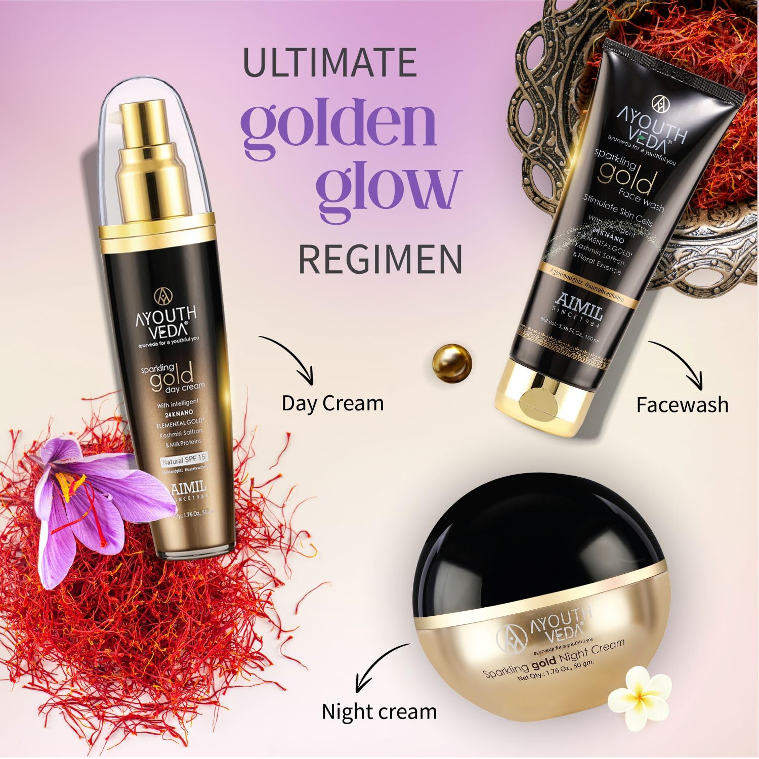 Ayouthveda Sparkling Gold Night Cream | 24K Nano Gold & Kashmiri Saffron | Reduces Fine Lines, Wrinkles & Dark Spots | Restores Skin Firmness & Elasticity | Overnight Anti-Ageing Face Cream (50g (Pack of 1))