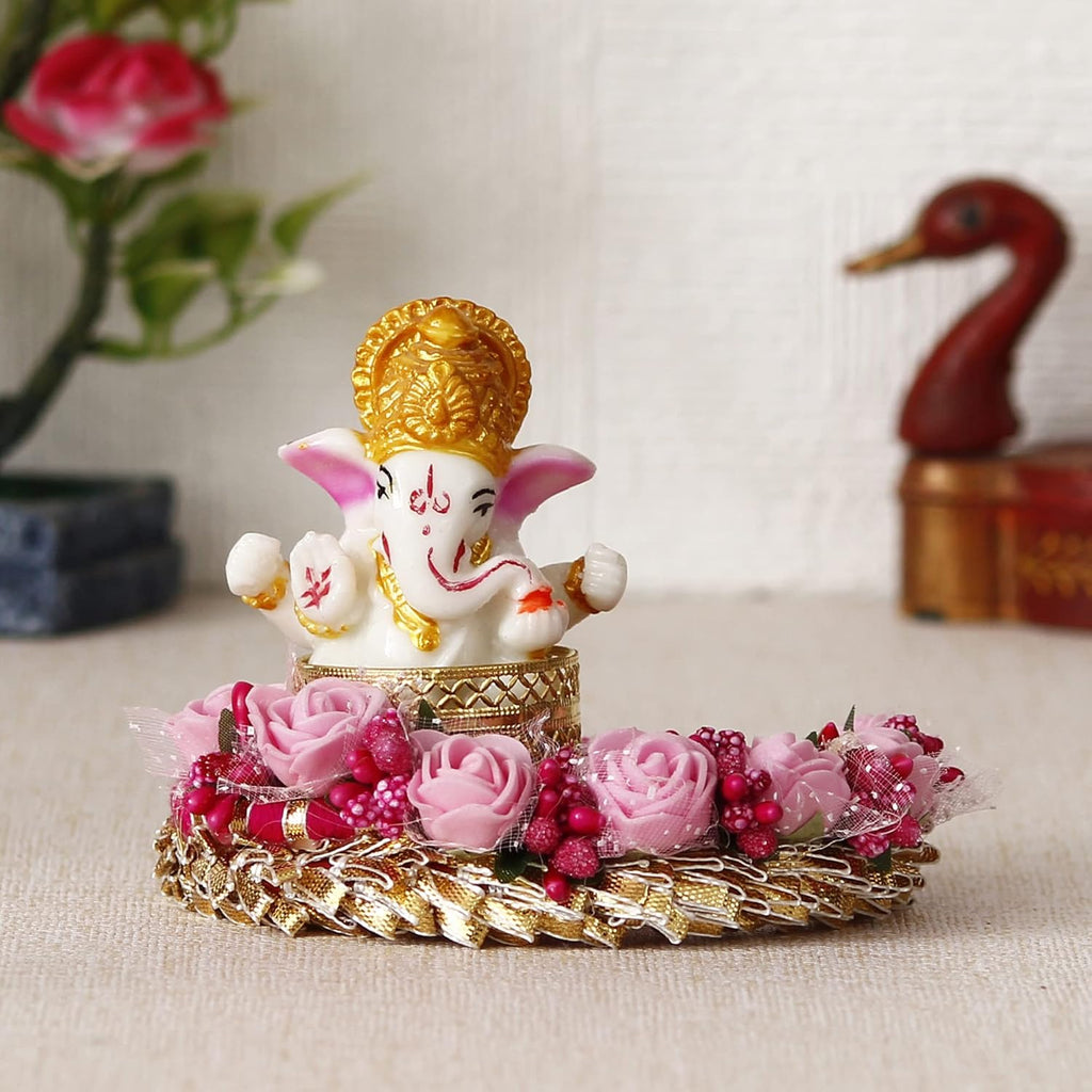 Ecraftindia Polyresin Lord Ganesha Idol on Pink Floral Handcrafted Plate | Exquisite Hindu God Figurine