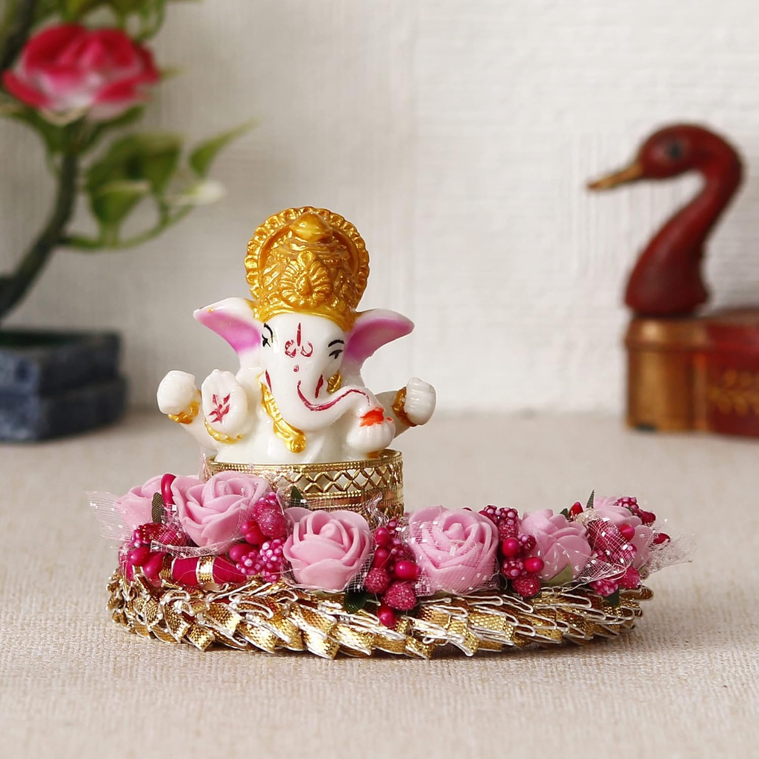 Ecraftindia Polyresin Lord Ganesha Idol on Pink Floral Handcrafted Plate | Exquisite Hindu God Figurine