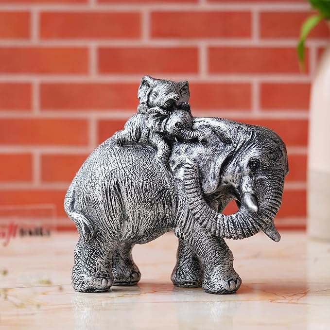 Ecraftindia Polyresin Elephant Statue With Baby Elephant on His Back Decorative Showpiece