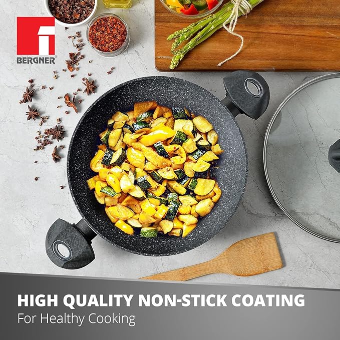 Bergner Orion Nonstick 24 Cm Shallow Kadai | Glass Lid | 2.3 Litres