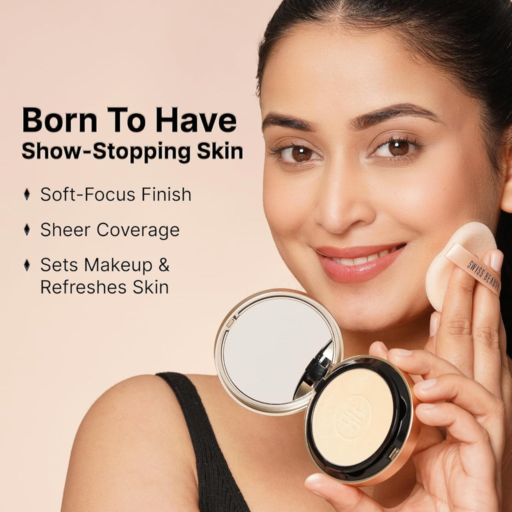 Swiss Beauty Select Born To Last Compact Powder | 3-in-1 Skin Perfection | Oil Control | Blurs Pores | Matte Finish | Fresh Makeup for hours | With Squalane & Vitamin E | 6.5g, Shade- 2. Sunlit Sand