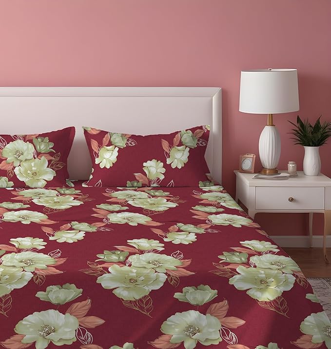 Dreamlet Presents Luxurious Supersoft Cotton Feel 210tc King Size Elastic Fitted Double Bedsheets With 2 Pillow Covers | Maroon