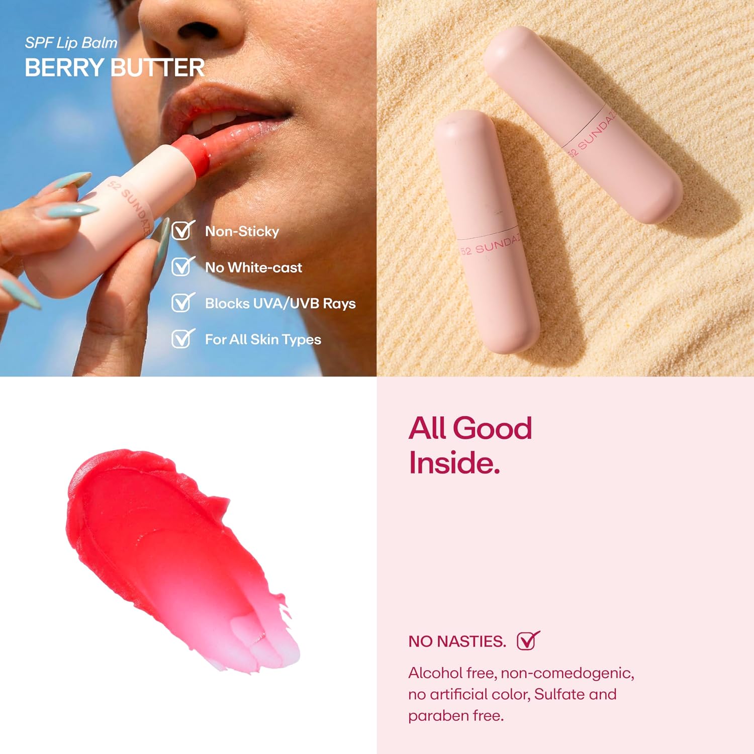 52 Sundaze Berry Butter Tinted Lip Balm SPF 30 PA+++ | With Shea Butter & Acai Berry Butter | Brightens Dark Lips & Evens Lip Tone | Moisturising Lip Balm for Daily Use | For Men & Women | 5 g